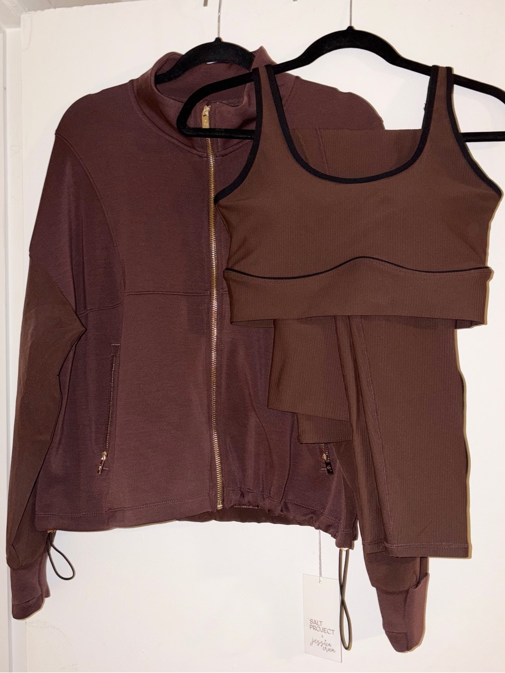 Salt Project Chocolate Piped Set - Sports Bra, Leggings & Zip Jacket (nwt)